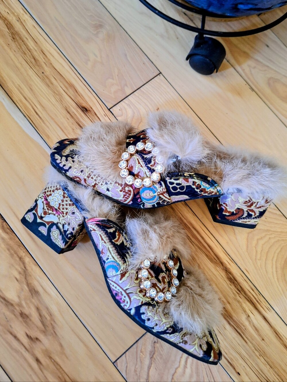 New, Brocade Fur Rhinestone Buckle Heeled Mules Slip-On Statement Shoes